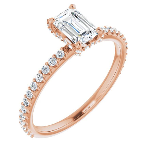 10K Rose Gold Customizable Emerald/Radiant Cut Design with Round-Accented Band, Micropav? Under-Halo and Decorative Prong Accents)