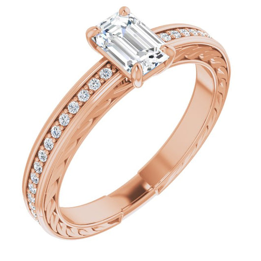 10K Rose Gold Customizable Emerald/Radiant Cut Design with Rope-Filigree Hammered Inlay & Round Channel Accents