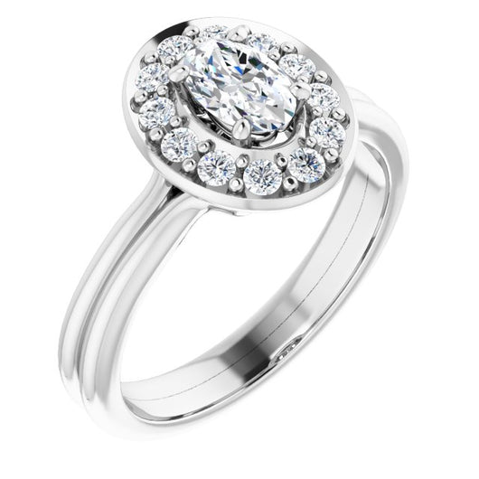 10K White Gold Customizable Cluster-Halo Accented Oval Cut Style with Tapered Dual Band