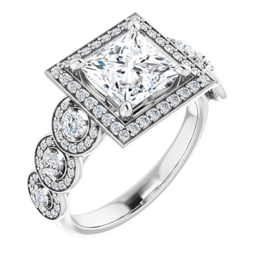 10K White Gold Customizable Cathedral-set Princess/Square Cut 7-stone style Enhanced with 7 Halos