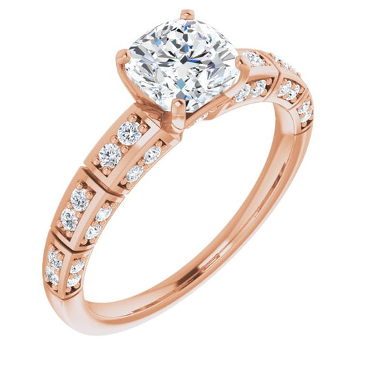 10K Rose Gold Customizable Cushion Cut Style with Three-sided, Segmented Shared Prong Band