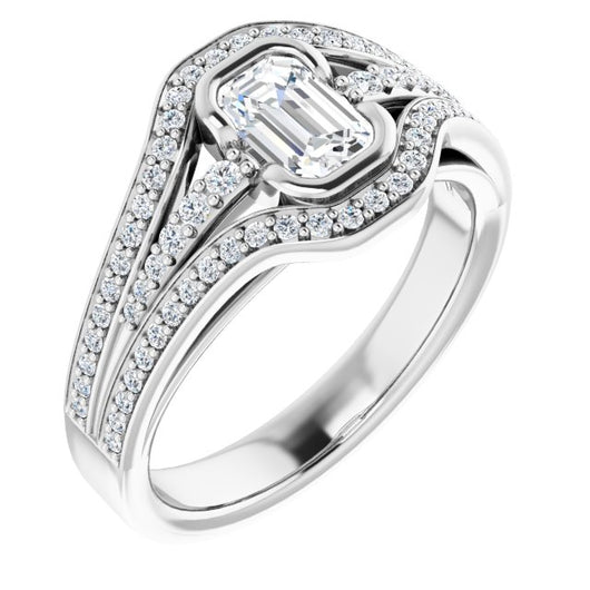 10K White Gold Customizable Cathedral-Bezel Emerald/Radiant Cut Design with Wide Triple-Split-Pavé Band