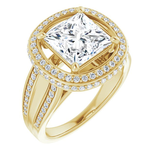 10K Yellow Gold Customizable Halo-style Princess/Square Cut with Under-halo & Ultra-wide Band