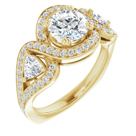 10K Yellow Gold Customizable Round Cut Center with Twin Trillion Accents, Twisting Shared Prong Split Band, and Halo