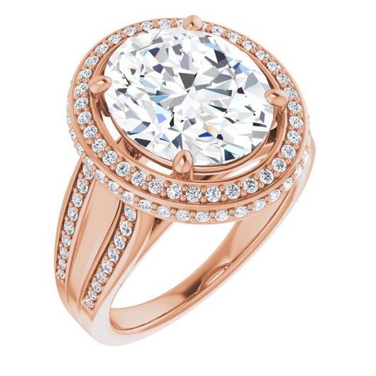 10K Rose Gold Customizable Halo-style Oval Cut with Under-halo & Ultra-wide Band