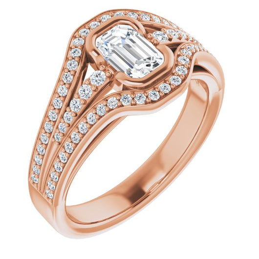 10K Rose Gold Customizable Cathedral-Bezel Emerald/Radiant Cut Design with Wide Triple-Split-Pavé Band