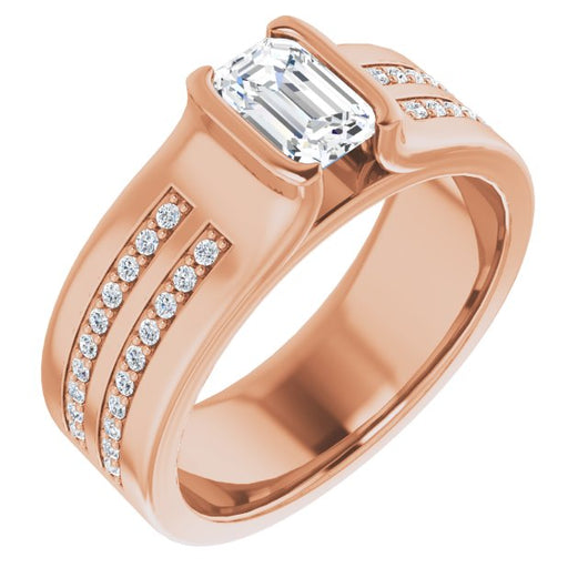 10K Rose Gold Customizable Bezel-set Emerald/Radiant Cut Design with Thick Band featuring Double-Row Shared Prong Accents