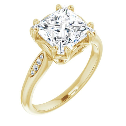 10K Yellow Gold Customizable 9-stone Princess/Square Cut Design with 8-prong Decorative Basket & Round Cut Side Stones