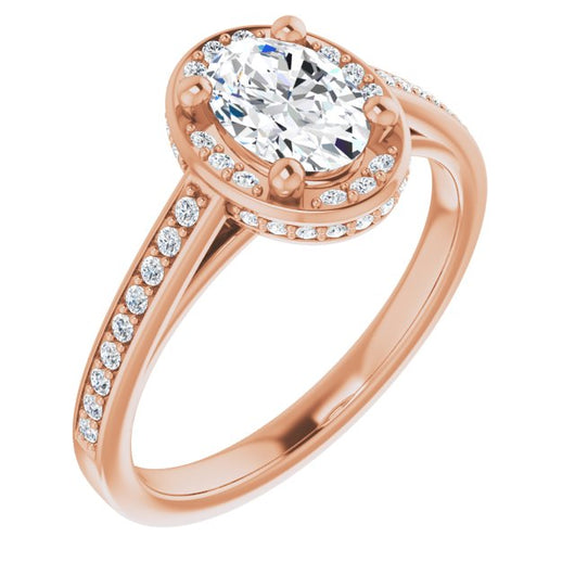 10K Rose Gold Customizable Cathedral-Halo Oval Cut Design with Under-halo & Shared Prong Band