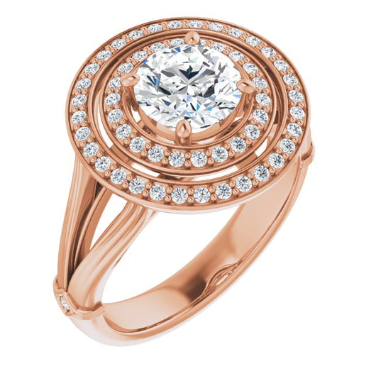 10K Rose Gold Customizable Cathedral-set Round Cut Design with Double Halo, Wide Split Band and Side Knuckle Accents