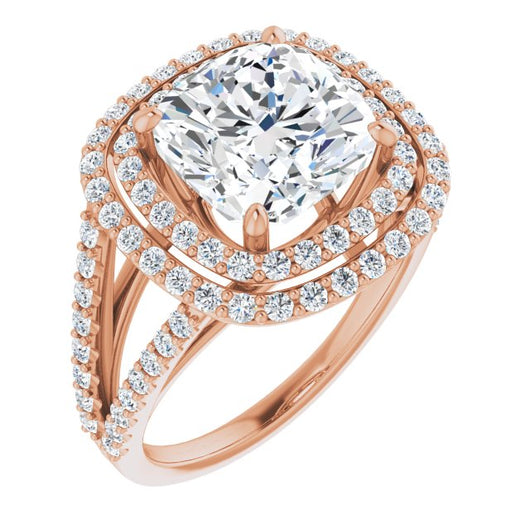 10K Rose Gold Customizable Cushion Cut Design with Double Halo and Wide Split-Pavé Band