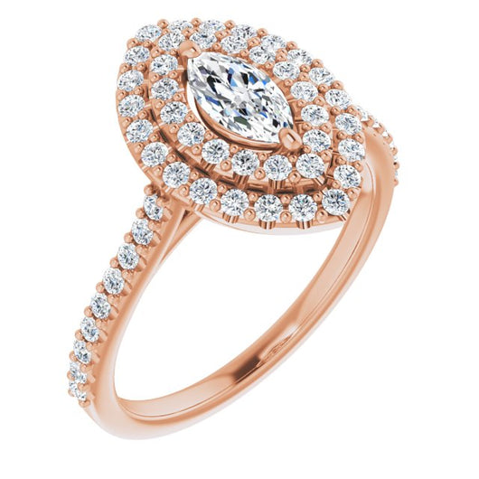 10K Rose Gold Customizable Double-Halo Marquise Cut Design with Accented Split Band