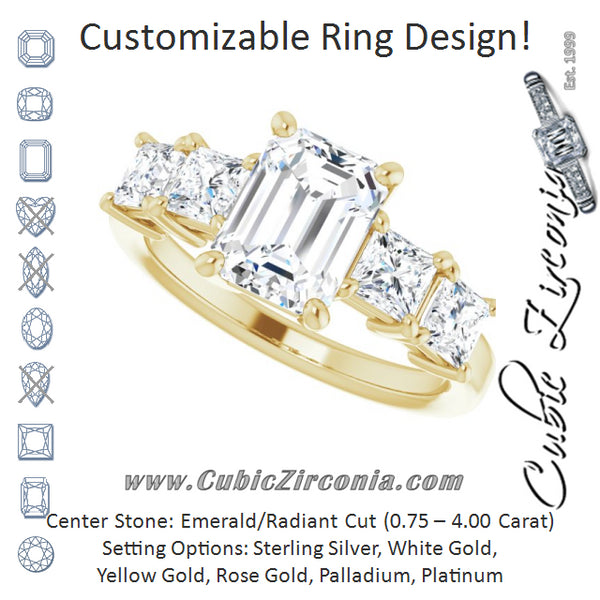 Cubic Zirconia Engagement Ring- The Abril (Customizable 5-stone Emerald Cut Style with Quad Princess-Cut Accents)