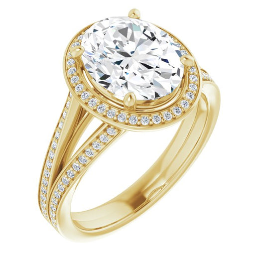 10K Yellow Gold Customizable Oval Cut Design with Split-Band Shared Prong & Halo