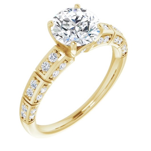 14K Yellow Gold Customizable Round Cut Style with Three-sided, Segmented Shared Prong Band