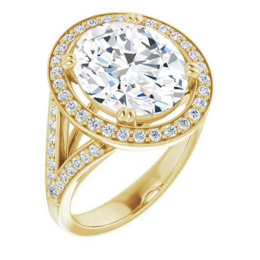 10K Yellow Gold Customizable Cathedral-set Oval Cut Style with Accented Split Band and Halo