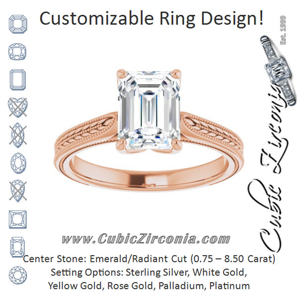 Cubic Zirconia Engagement Ring- The Dulcia (Customizable Emerald Cut Solitaire with Wheat-inspired Band)