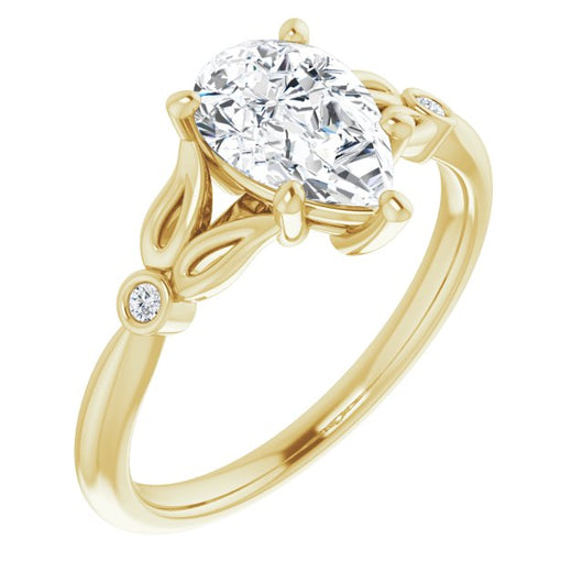 10K Yellow Gold Customizable 3-stone Pear Cut Design with Thin Band and Twin Round Bezel Side Stones