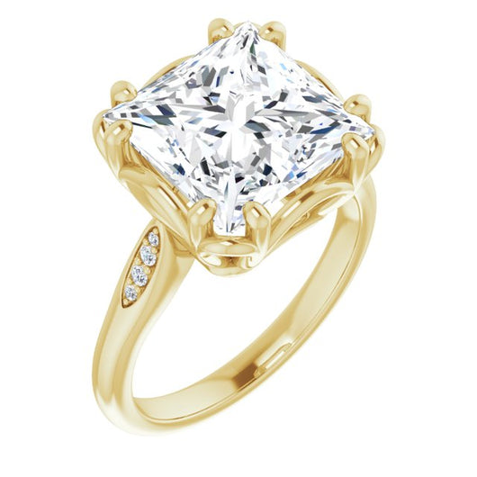 10K Yellow Gold Customizable 9-stone Princess/Square Cut Design with 8-prong Decorative Basket & Round Cut Side Stones