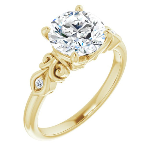 14K Yellow Gold Customizable 3-stone Round Cut Design with Small Round Accents and Filigree