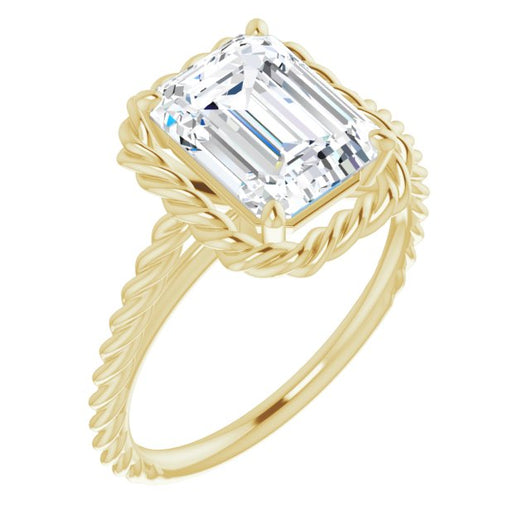 10K Yellow Gold Customizable Cathedral-set Emerald/Radiant Cut Solitaire with Thin Rope-Twist Band