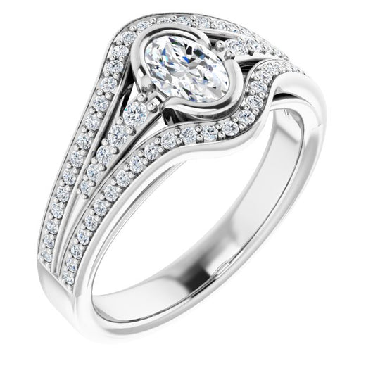 10K White Gold Customizable Cathedral-Bezel Oval Cut Design with Wide Triple-Split-Pavé Band