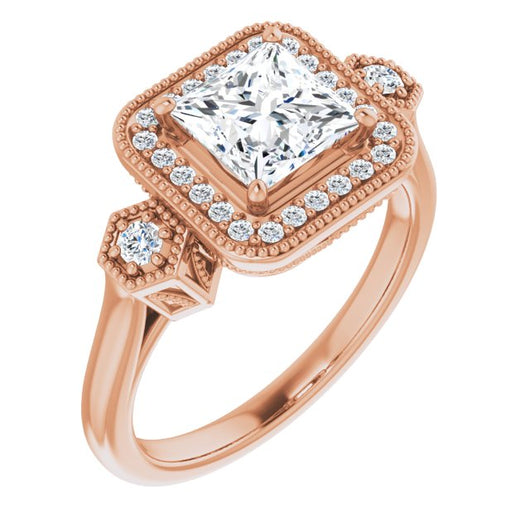 10K Rose Gold Customizable Cathedral Princess/Square Cut Design with Halo and Delicate Milgrain