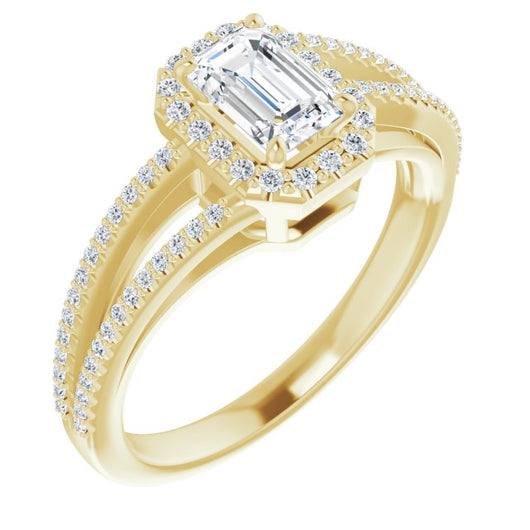 10K Yellow Gold Customizable Emerald/Radiant Cut Vintage Design with Halo Style and Asymmetrical Split-Pavé Band