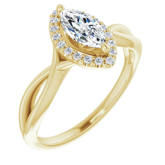 10K Yellow Gold Customizable Cathedral-Halo Marquise Cut Design with Twisting Split Band