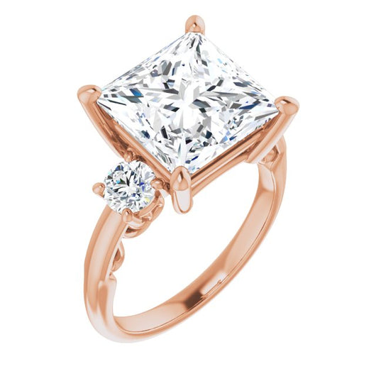 10K Rose Gold Customizable Princess/Square Cut 3-stone Style featuring Heart-Motif Band Enhancement