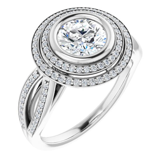 10K White Gold Customizable Bezel-set Round Cut Style with Double Halo and Split Shared Prong Band