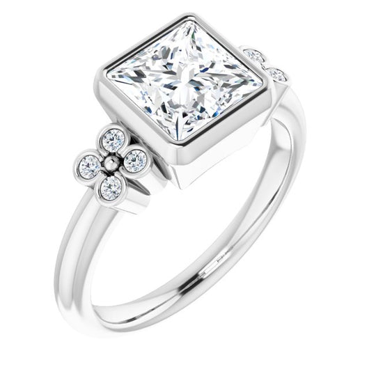 10K White Gold Customizable 9-stone Bezel-set Princess/Square Cut Design with Quad Round Bezel Side Stones Each Side