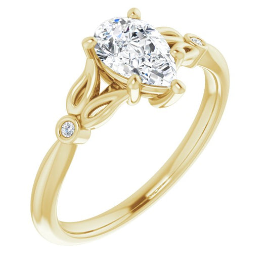 10K Yellow Gold Customizable 3-stone Pear Cut Design with Thin Band and Twin Round Bezel Side Stones