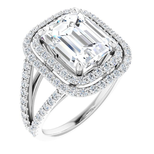 10K White Gold Customizable Emerald/Radiant Cut Design with Double Halo and Wide Split-Pavé Band