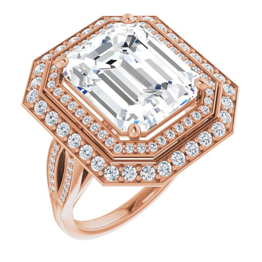 10K Rose Gold Customizable Cathedral-style Emerald/Radiant Cut Design with Double Halo & Split-Pavé Band