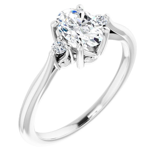 10K White Gold Customizable Three-stone Oval Cut Design with Small Round Accents and Vintage Trellis/Basket