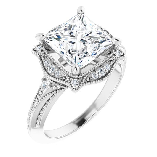 10K White Gold Customizable Vintage Princess/Square Cut Design with Beaded Milgrain and Starburst Semi-Halo