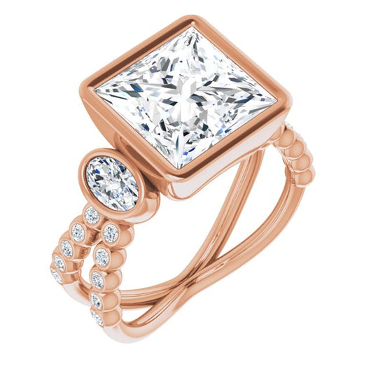 10K Rose Gold Customizable Bezel-set Princess/Square Cut Design with Dual Bezel-Oval Accents and Round-Bezel Accented Split Band