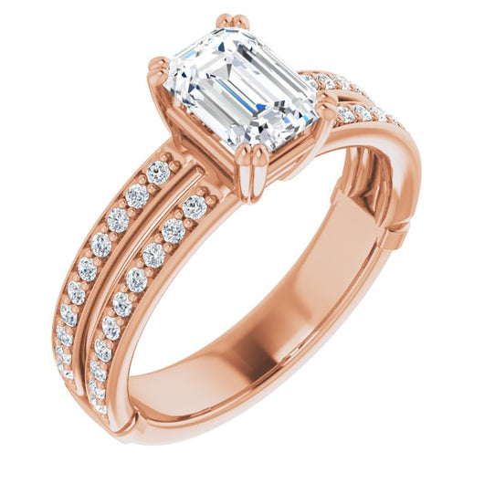 10K Rose Gold Customizable Emerald/Radiant Cut Design featuring Split Band with Accents