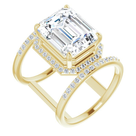 10K Yellow Gold Customizable Emerald/Radiant Cut Halo Design with Open, Ultrawide Harness Double Pavé Band