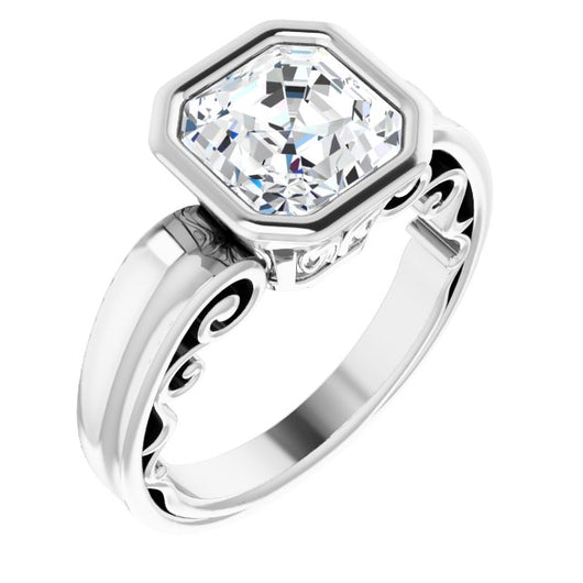 10K White Gold Customizable Bezel-set Asscher Cut Solitaire with Wide 3-sided Band