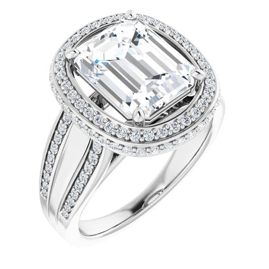 10K White Gold Customizable Halo-style Emerald/Radiant Cut with Under-halo & Ultra-wide Band