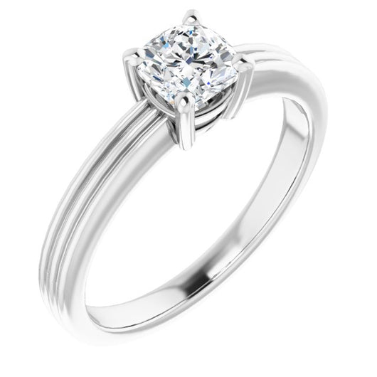 10K White Gold Customizable Cushion Cut Solitaire with Double-Grooved Band