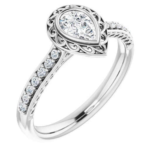 10K White Gold Customizable Cathedral-Bezel Pear Cut Design featuring Accented Band with Filigree Inlay