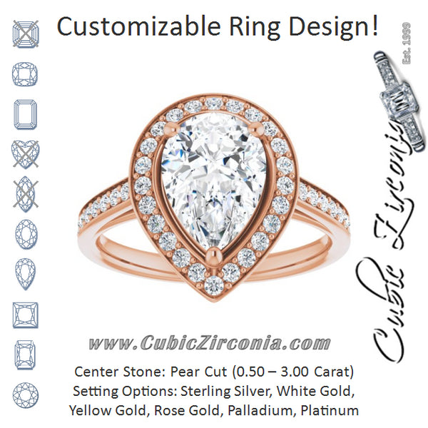 Cubic Zirconia Engagement Ring- The Natascha Eva (Customizable Cathedral-raised Pear Cut Halo-and-Accented Band Design)