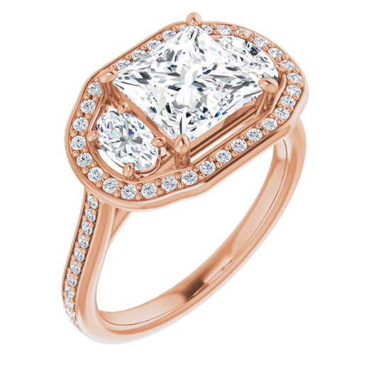 10K Rose Gold Customizable Princess/Square Cut Style with Oval Cut Accents, 3-stone Halo & Thin Shared Prong Band