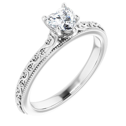 10K White Gold Customizable Heart Cut Solitaire with Delicate Milgrain Filigree Band