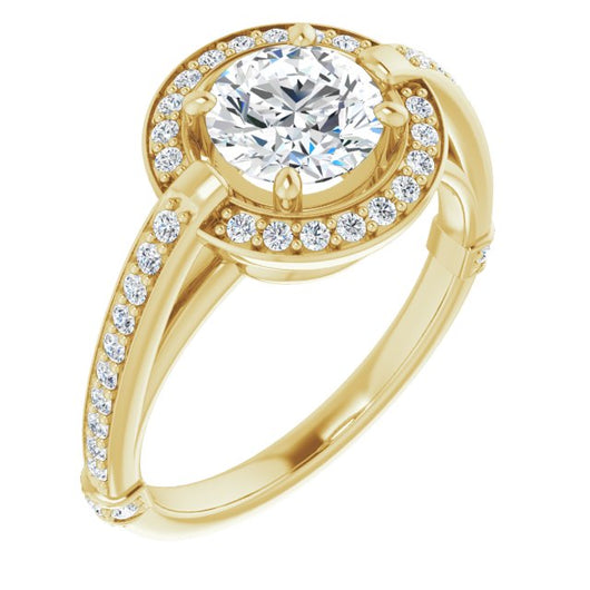 10K Yellow Gold Customizable High-Cathedral Round Cut Design with Halo and Shared Prong Band