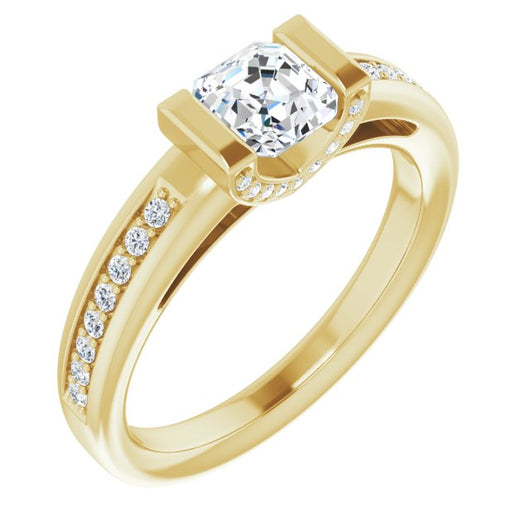 10K Yellow Gold Customizable Cathedral-Bar Asscher Cut Design featuring Shared Prong Band and Prong Accents