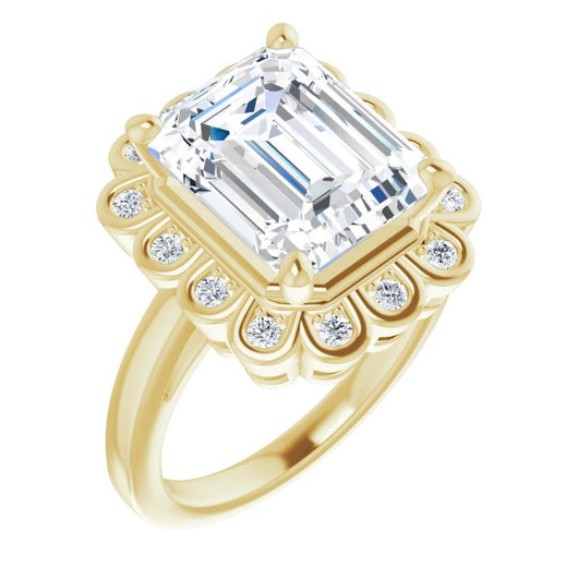 10K Yellow Gold Customizable 9-stone Emerald/Radiant Cut Design with Round Bezel Side Stones